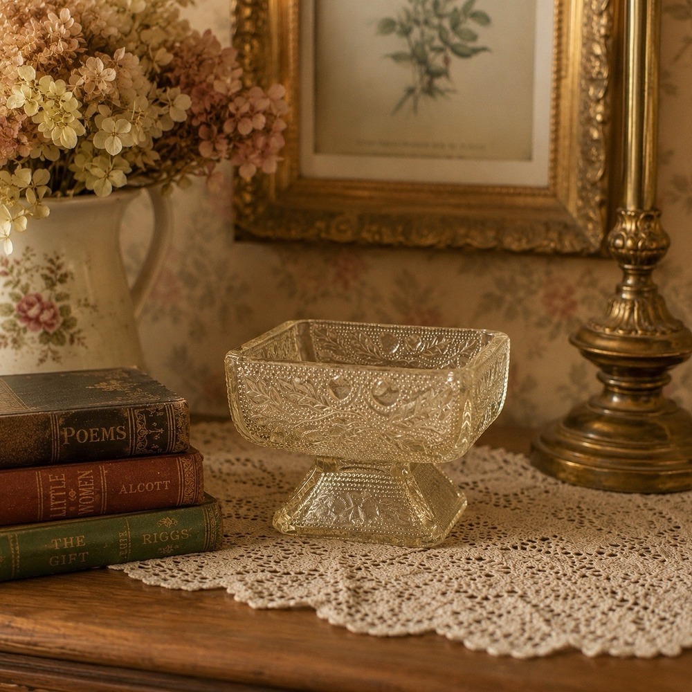 Vintage Square Footed Candy Trinket Bowl Dish Champagne Smoke Fruit & Leaf